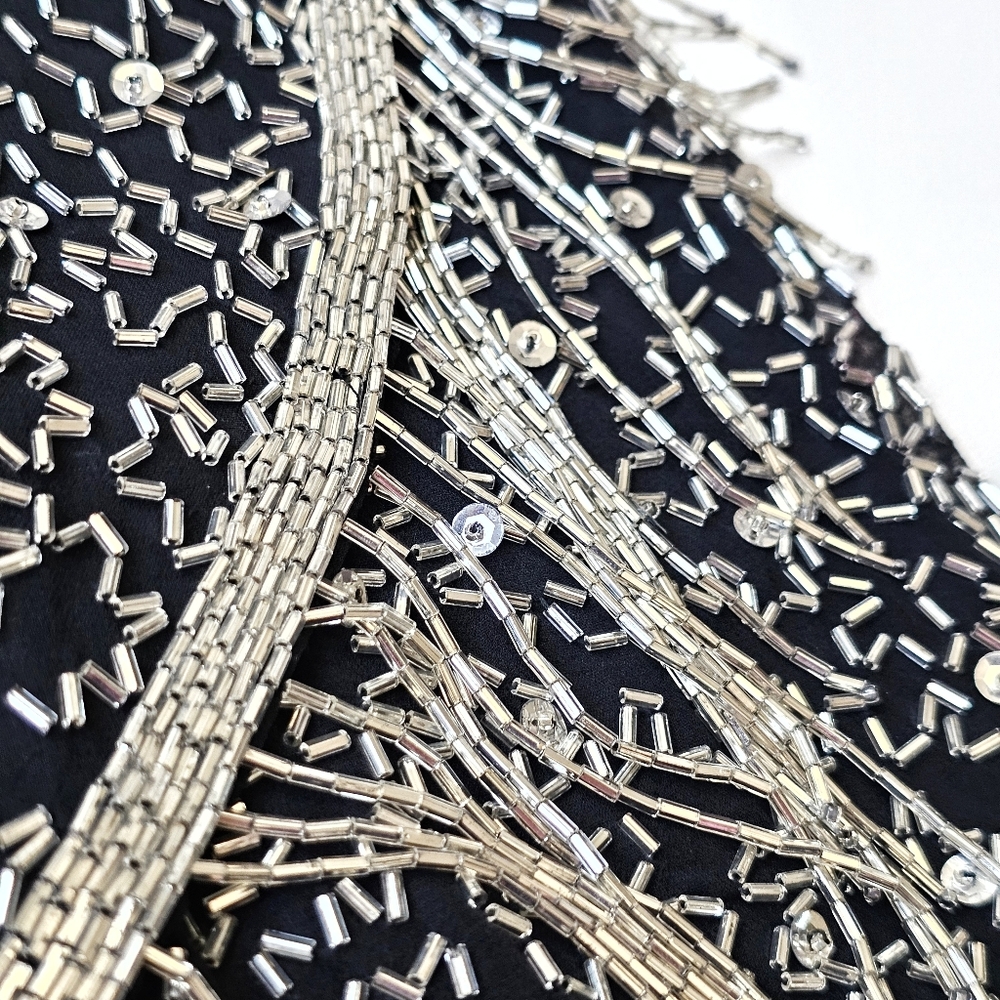 A.J. Bari Petites Silk Hand Beaded Fringe Cocktail Dress Black Silver Gatsby 20s - Picture 7 of 15